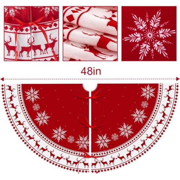 48-inch Christmas Tree Skirt - Snowflake & Reindeer Design, Rustic Red - Picture 6 of 7